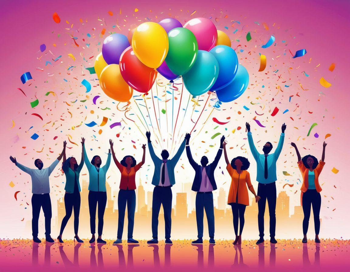 A vibrant illustration of a diverse group of people joyfully celebrating with balloons and confetti in front of a giant credit score gauge, showing positive numbers. Incorporate elements of financial symbols like dollar signs and upward arrows subtly in the background. The atmosphere should feel uplifting and energetic, symbolizing the journey towards financial satisfaction. bright colors. vector art. uplifting theme.