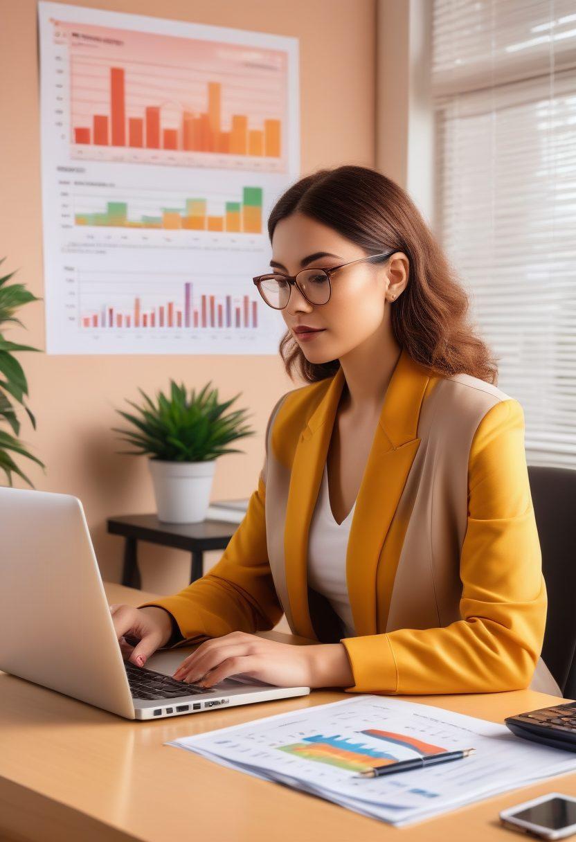 A person sitting at a desk, confidently reviewing their credit score on a laptop, surrounded by financial documents and a calculator, symbolizing financial mastery. In the background, an upward-trending graph and a glowing shield symbolizing security and satisfaction. Soft warm colors with a calm atmosphere. digital illustration. vibrant colors. modern style.