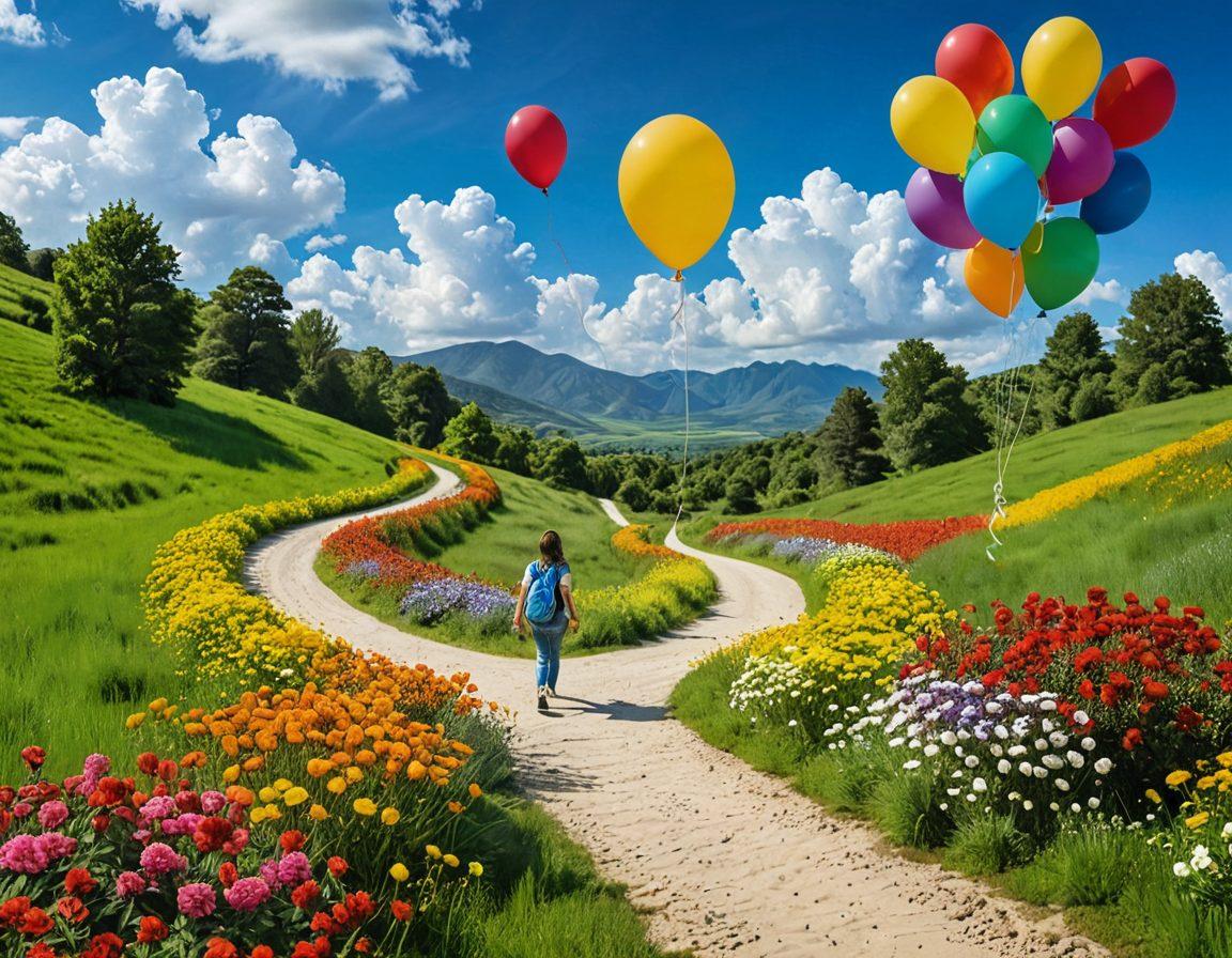 A winding path through a lush green landscape symbolizing the journey from debt to financial freedom, lined with blooming flowers and bright signs of joy. Along the path, illustrate a person happily walking with money balloons, reflecting their growth in credit and happiness. The sky above radiates hope with vibrant blues and soft clouds. The scene conveys harmony and positivity. vibrant colors. super-realistic.